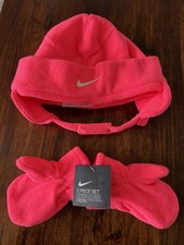 Nike Toddler Fleece Chin Strap Trapper Hat  Mittens 2 Piece Set Racer Pink 2-4T