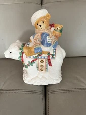 Enesco Cherished Teddies Eric on Polar Bear Figurine Christmas Cookie Jar.~