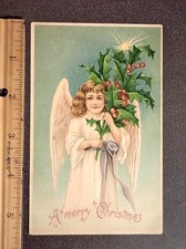 Early 1900's A Merry Christmas Angel Holding Holly Embossed Post Card Antique 