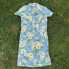 McCall Vintage Shirt Dress 10 Blue Daisy Floral Button Front Cotton USA Made