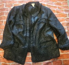 Chicos Noelle Goldie Tweed Sequins Black Jacket Womens Black Size 2 Snaps