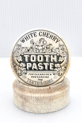VINTG c1880s DISTRESSED WHITE CHERRY TOOTH PASTE PICTORIAL POT LID & BASE POT