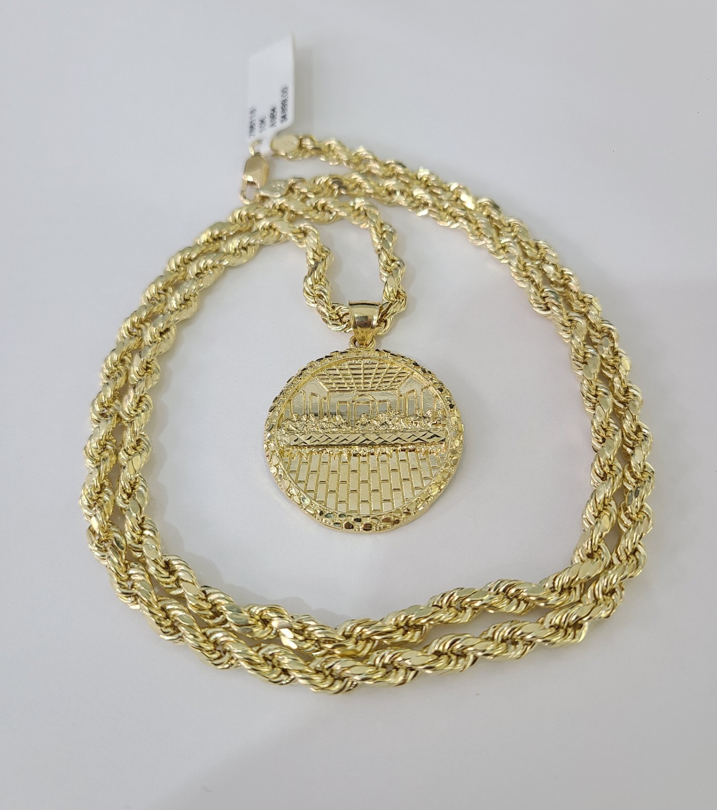 Real 10k Gold Rope Chain Last Supper Nugget Pendant Set 4mm 18"-28"