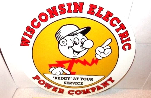 VINTAGE WISCONSIN ELECTRIC POWER COMPANY "REDDY KILOWATT" 11 3/4" METAL GAS SIGN