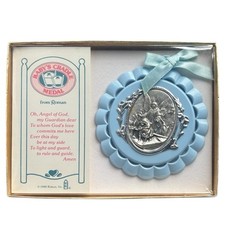 1988 Roman Baby Boy 3" Cradle Medal Blue Guardian Angel Vintage Nursery Prayer