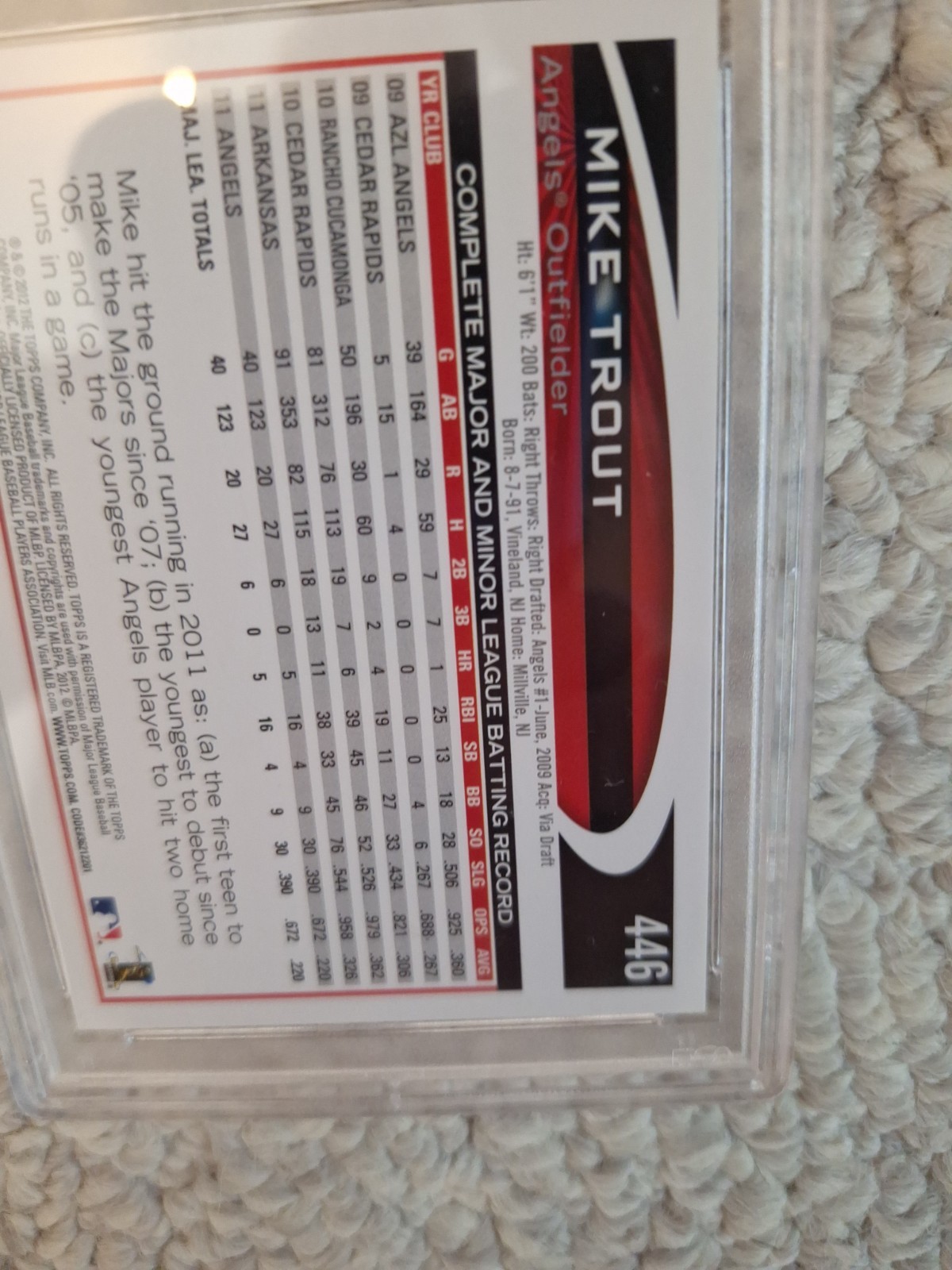2012 Topps - Mike Trout rookie cars #446. Solid MINT 9 grade by PSA. view 3