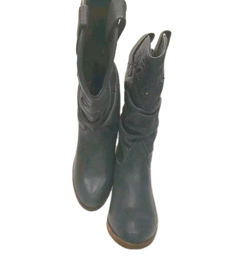 МАССИВ женщин 9B зеленый кожаный каблук середины икры с заклепками круглый носок ботинки - Изображение 4 из 4