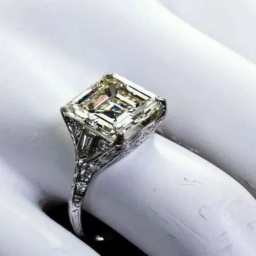 Vintage Art Deco Asscher Lab Created Diamond 14K White Gold FN Engagement Ring