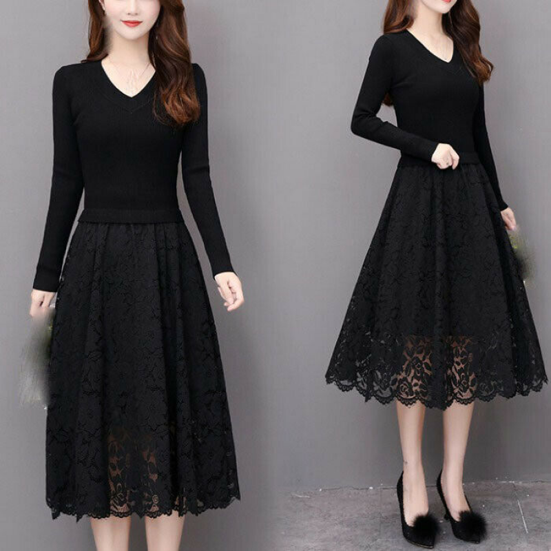 latest Autumn Korean fashion beautiful v-neck knitting Bud silk splicing dress