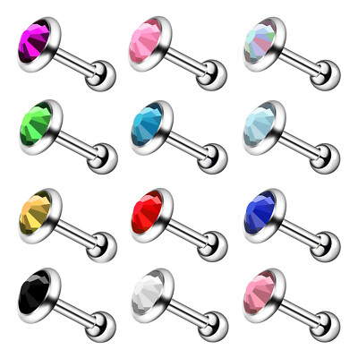 2X 16g Multicolor Gem Ear Stud Cartilage Tragus Helix Steel Bar Earring Piercing