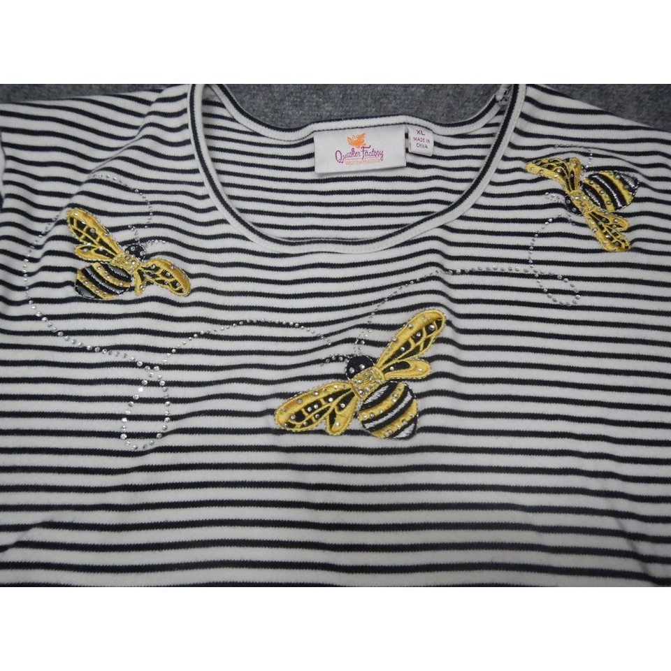 Quacker Factory Striped Bee Embellished Cotton Top Shirt Women's XL