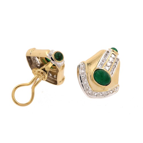 Emerald Cabochon Gem Diamond Earrings 18K Two-Tone Gold 5.29 TW Omega Backs - Picture 2 of 3