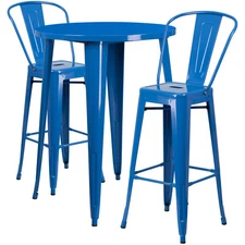 30'' Round Blue Metal Indoor-Outdoor Restaurant Bar Table Set w/2 Cafe Barstools