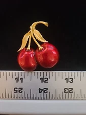 Vintage Gold Tone Red Enamel Two Cherries Brooch Likely Made in Taiwan
