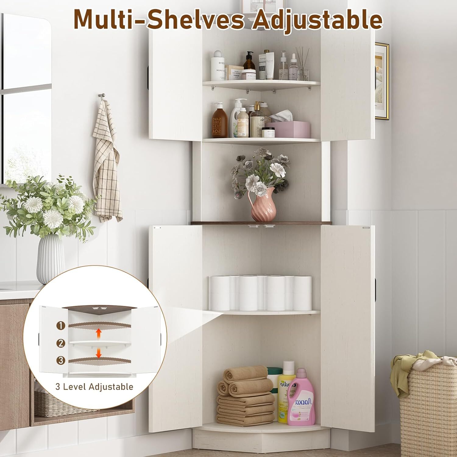 68" Tall Farmhouse Corner Cabinet, Dining Room Storage Cabinet Rustic White