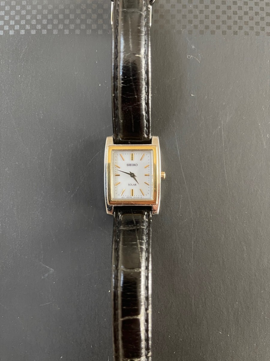 KuSEIKO　SOLAR　ソーラー腕時計　レディース　V115-0BD0 Seiko Solar Women V115-0AD0 White Dial Black Leather Gold