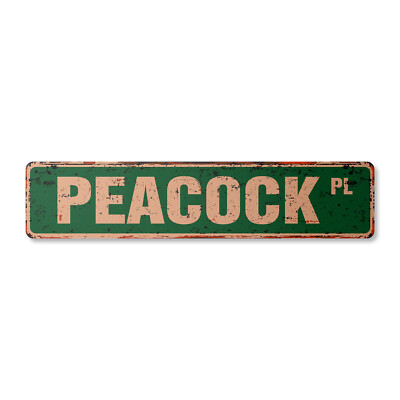 PEACOCK Vintage Street Sign Metal Plastic farm bird peahen quill train