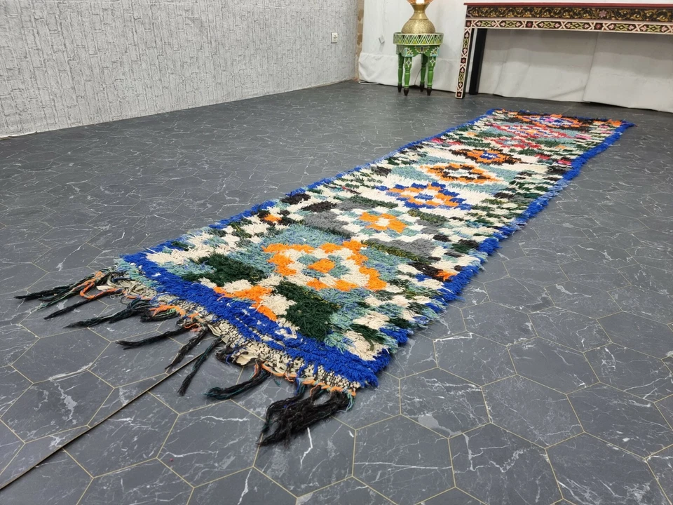 Moroccan Handmade Vintage Runner 2'4"x9'3" Berber Geometric Orange Black Carpet  - Image 4 of 4