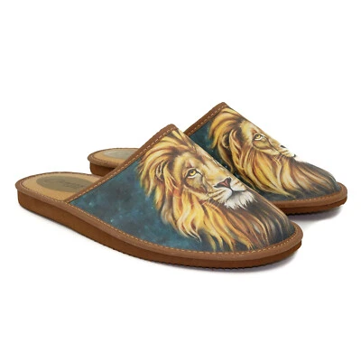 Löwe Herren Leder Echtleder Hausschuhe Latschen Pantoffeln Blau EU Ware 40-48