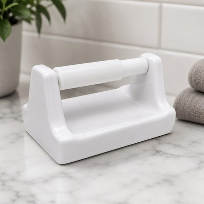 White Glossy Ceramic Toilet Paper Holder w/ Shelf Traditional Wall Mount