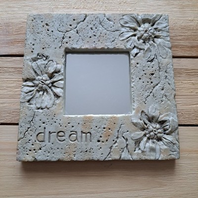 Small 6'' Square Hanging Wall Accent Mirror Stone Texture Tan Pressed Floral. 
