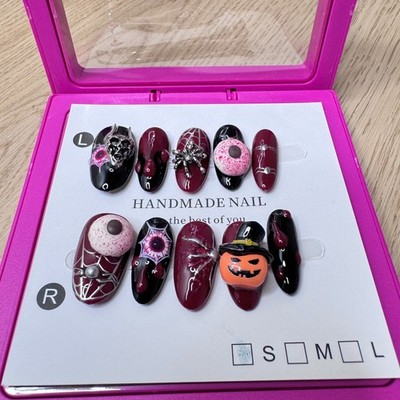 Handmade Hard Gel Press on Nail Art Kit Sz S Ghost Halloween Pumpkin Jewel