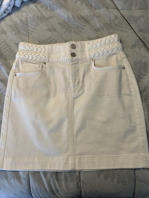 White House Black Market Classic White Denim Skirt with Braided Waistband Size 2