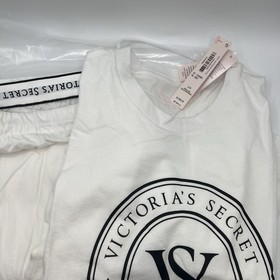 NEW Victoria's Secret 100% Cotton White Top&Pants Black Logo Pajama/Jogger Set
