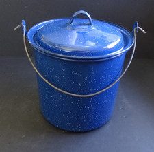 Vintage Blue White Speckled Enamel Ware Camping Stock Pot Graniteware With Lid