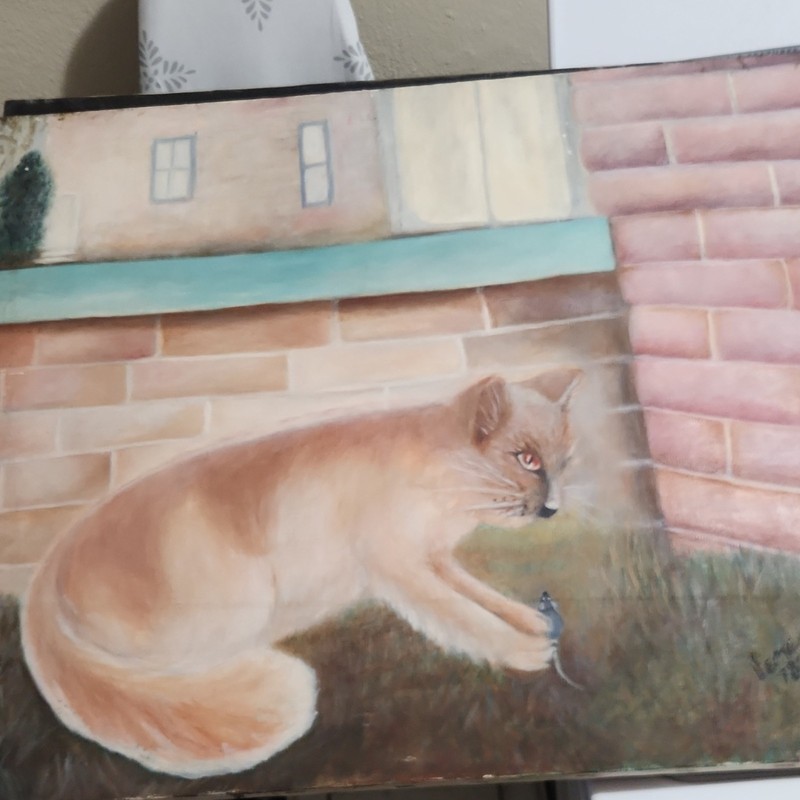 Vema Signed Realism Canvas painting Cat Mouse Outdoor buildings masterpiece '78