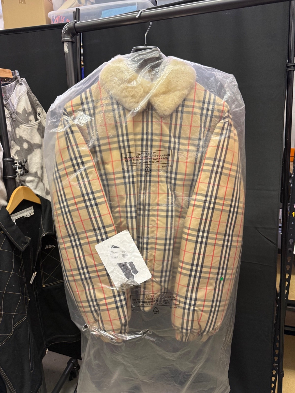 Supreme x Burberry Shearling Collar Down Puffer Jacket In Beige - Men’s Medium