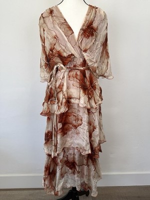 NT by Amati Size One Size Floral Silk Blend Wrap Tiered Ruffle Midi Dress