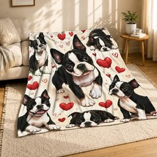 Boston Terrier Puppies With Hearts Coral Fleece Blanket Pet Lover Decor