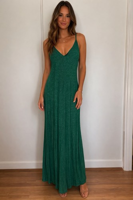 #ad Green Maxi Dress V Neck Strappy Sleeveless Stretch Size L $18.00