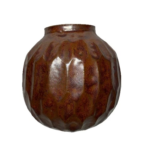 Vintage Studio Pottery Vase Signed Beaver Faceted Ceramic With Brown Glaze MCM