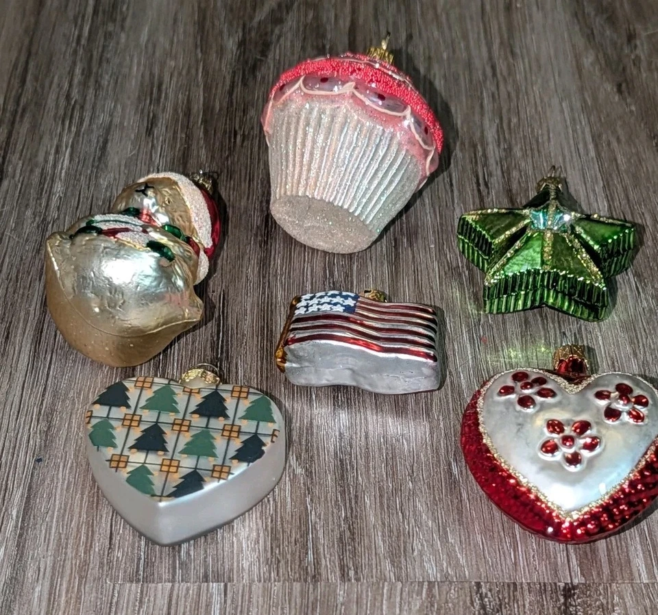 Conjunto de 6 enfeites de vidro de Natal vintage com recuo estrela acolchoada coração urso Kurt Adler - Imagem 2 de 4