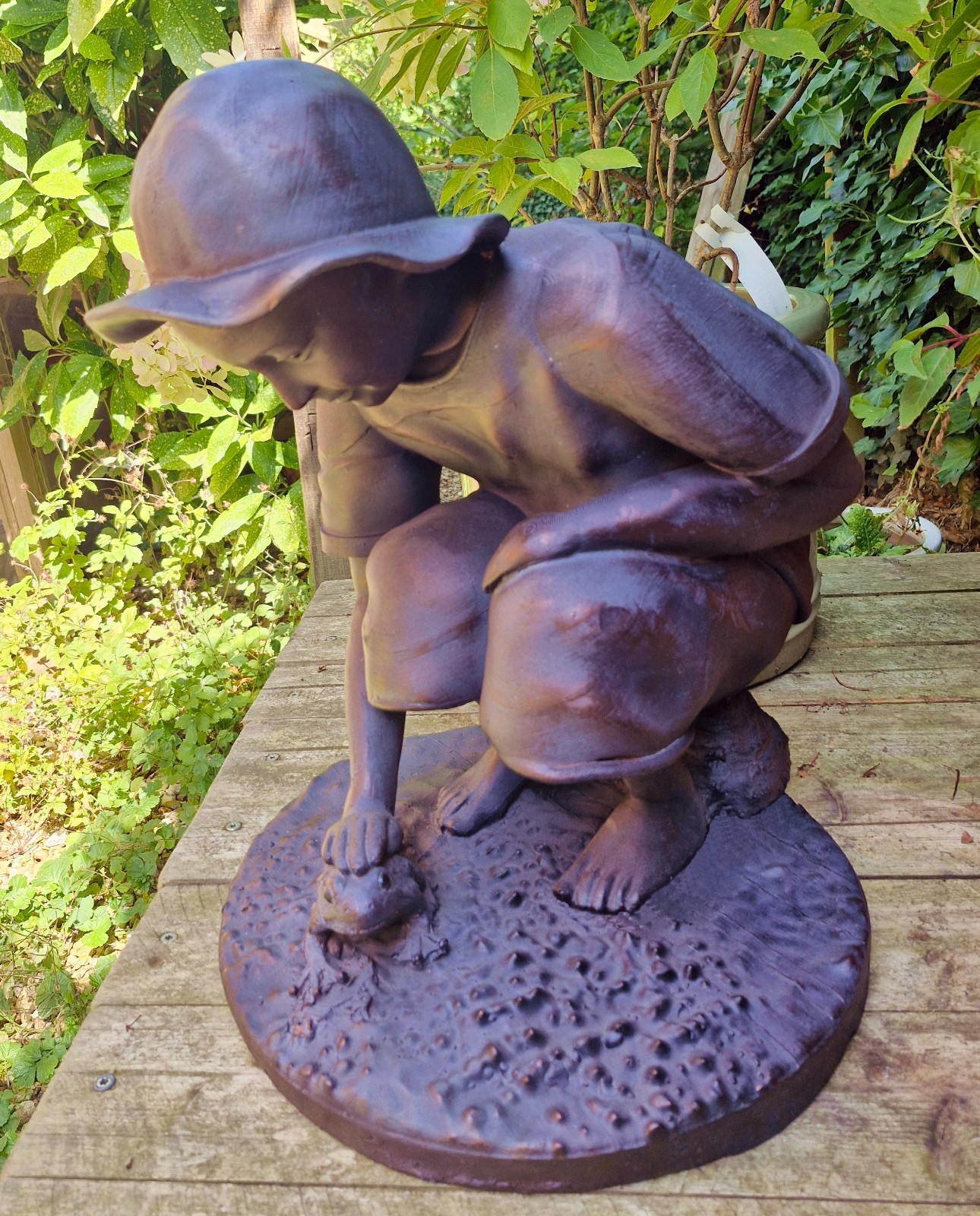 Inspirational Gifting Boy Playing with Frog Garden Sculpture Polystone Resin Ornament, Brown - Image 2