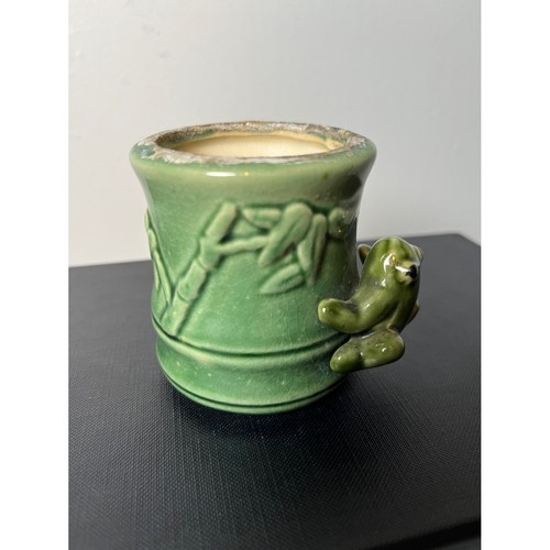 Vintage Ceramic Pottery Bamboo and Frog Green Tooth Pick Holder