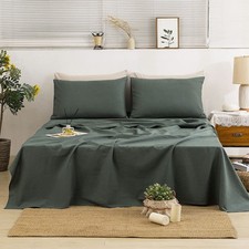 Bed Linen Set - 4Pcs Linen Sheets Set King, Green, Soft Breathable and Durabl...