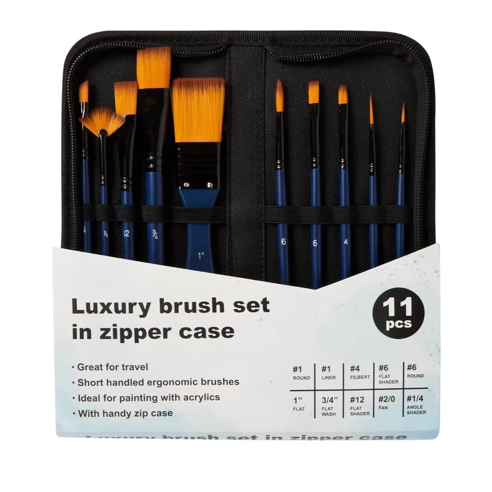 Kit de 11 Pinceaux Peinture Art Dessin Artiste + Pochette Liner Rond Shader Flat - Photo 2/2