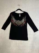 Harley-Davidson Women's Large Wing Logo 3/4 Sleeve Shirt Black USA