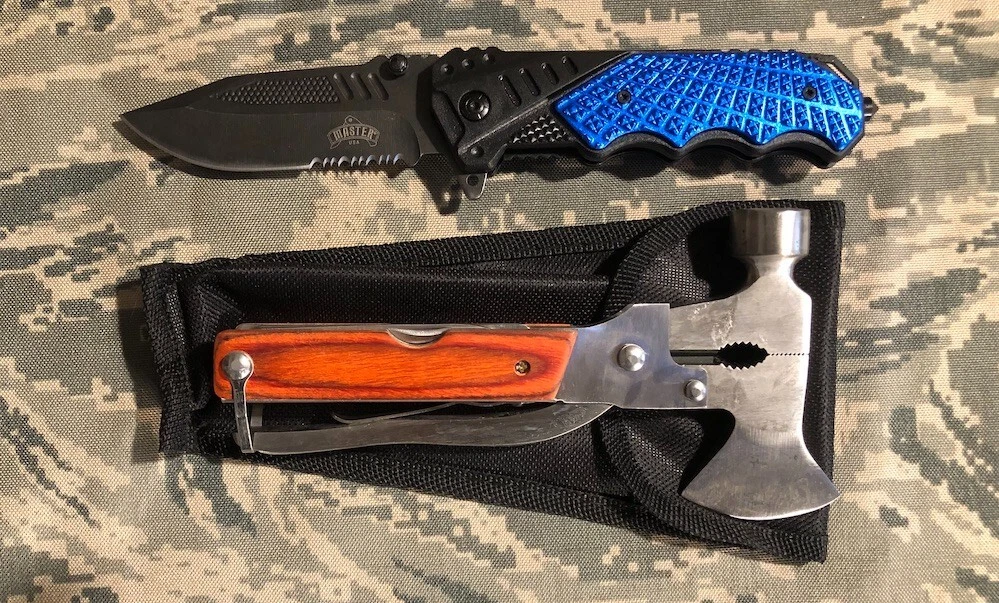 Multi Tool Hatchet  Hammer  Saw  Pliers File  Case + Tactical Pocket Knife - cr