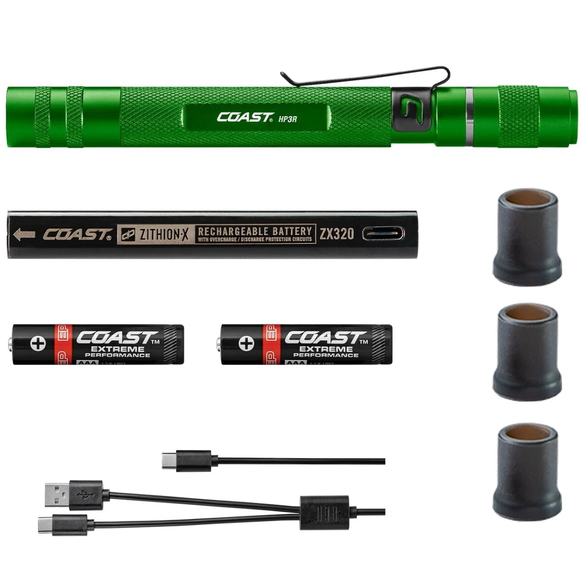 coast rechargeable flashlight hp3r 500 Lumen LED Penlight with Twist Focus, Green lumen low output is ideal for reading Coast HP3R 500 Lumen Rechargeable