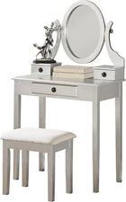 Moniys Wood Moniya Makeup Vanity Table and Stool Set, Silver