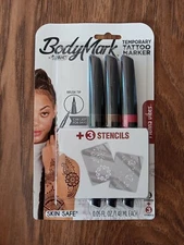 BIC BODYMARK TEMPORARY TATTOO MARKER HENNA VIBES 3 Markers/3 Stencils NEW