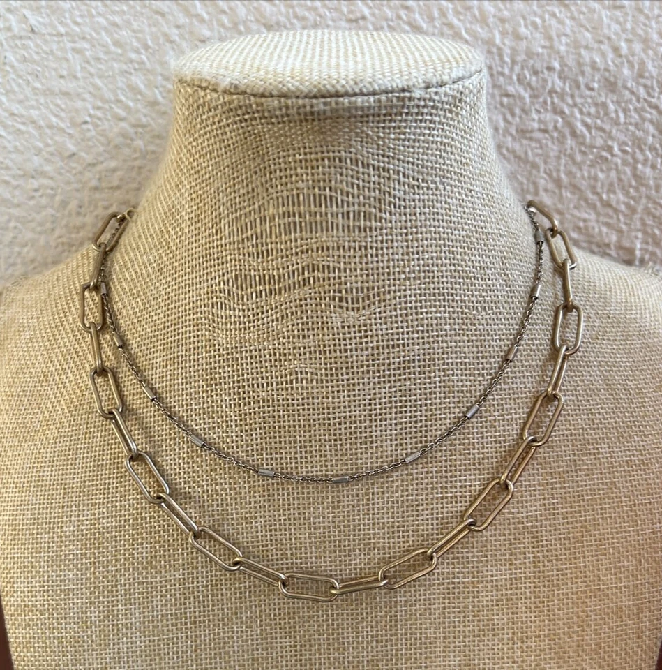 Brass Tone Banana Republic Two Strand Layered Paperclip Necklace 16"