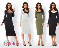 Damen Abend Party Bodycon Langarm Schaufel Ausschnitt passend Midi Kleid FM28