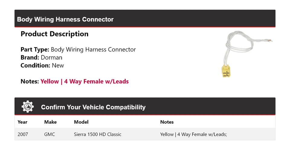 Conector de arnés de cableado de carrocería Dorman clásico para GMC Sierra 1500 HD 2007 Foto 2 de 4
