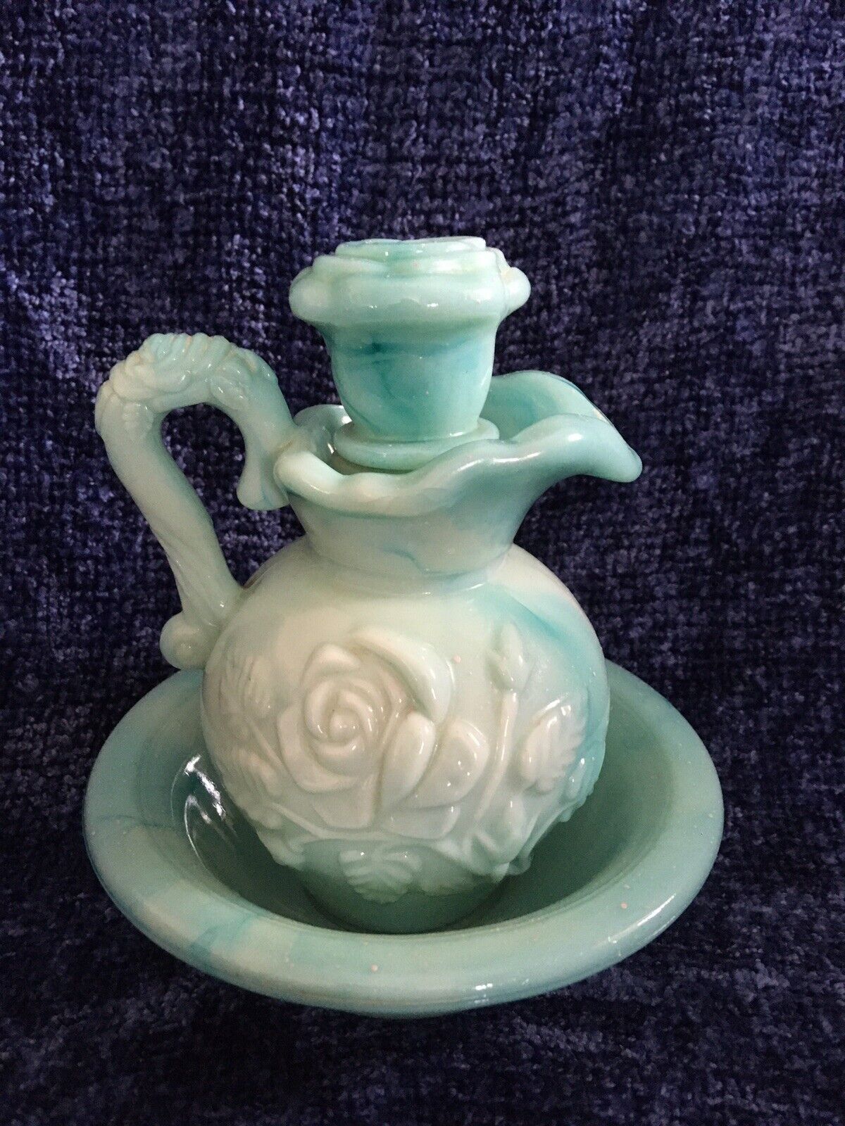 Vintage Avon Victorian Rose Pitcher & Bowl. Light Blue Swirl
