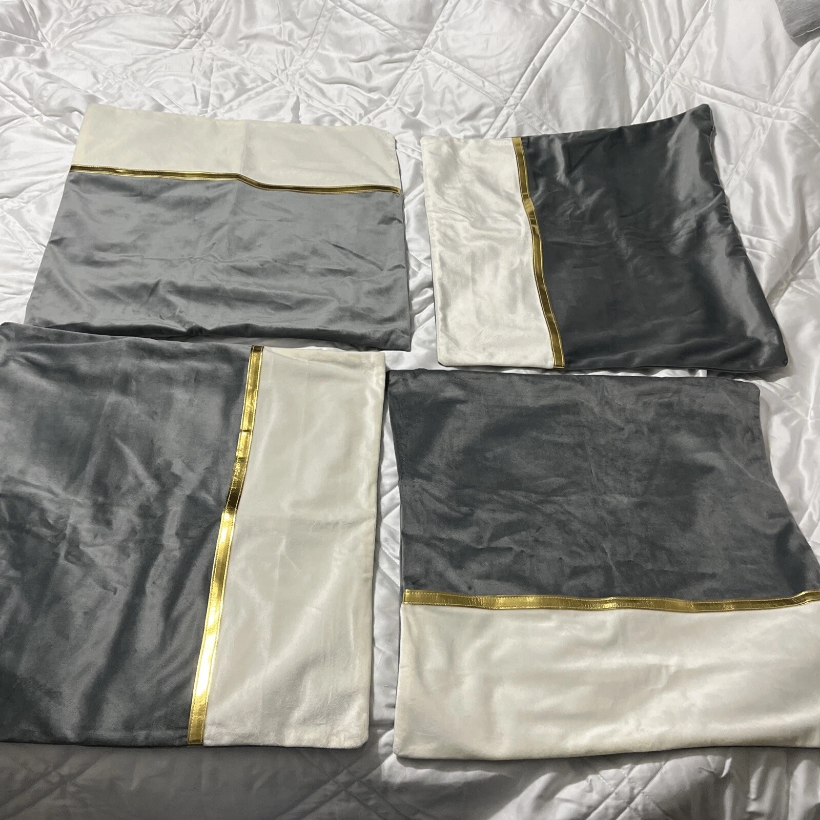 Fancy Homi 4 Piece Grey/Cream/Gold Velv Decorative Throw Pillow Covers 18 x 18 "